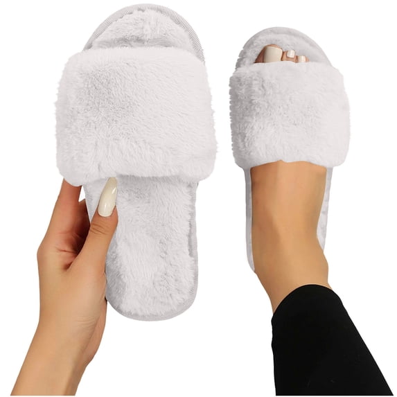 Fnooota Womens Slide Slippers, Soft Sole Indoor Non Slip Open Toe Fuzzy Slippers Bedroom Shoes White Size 7.5-7.5