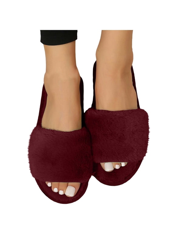 Womens Slide Slippers, Soft Sole Non Slip Indoor Open Toe Fuzzy Slippers Bedroom Shoes Wine Size 7.5-7.5