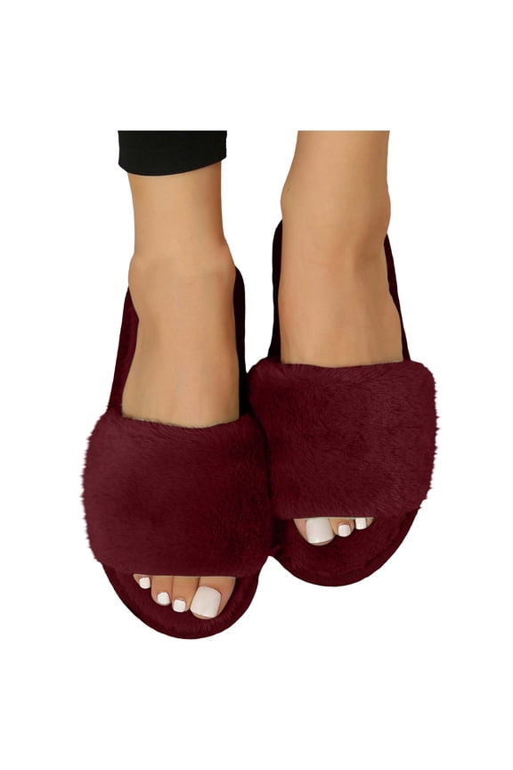Womens Slide Slippers, Soft Sole Non Slip Indoor Open Toe Fuzzy Slippers Bedroom Shoes Wine Size 7.5-7.5