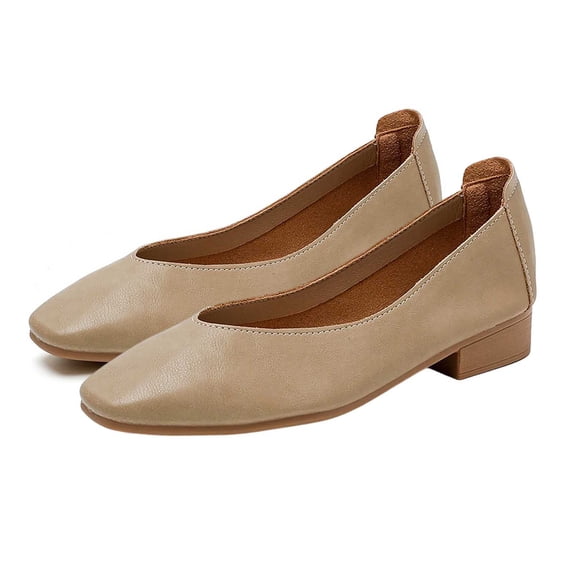 Fnooota Womens Slip On Flats, Non-slip Office Square Toe Soft Sole PU Dress Shoes Khaki Size 7