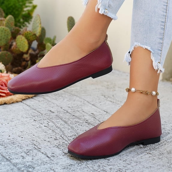 Fnooota Womens Slip On Flats, Non-slip PU Comfortable Square Toe Soft Sole Wedding Shoes Wine Size 9.5
