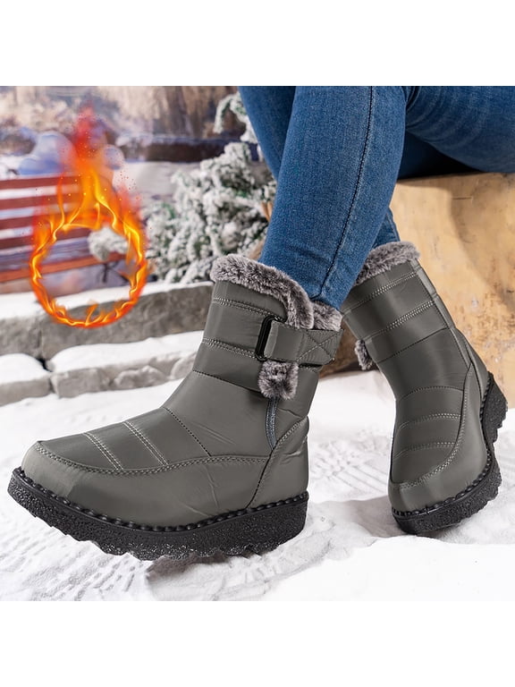 Womens Snow Booties, Fleece Lined Round Toe Slip On Non-Slip Winter Booties Gray Size 7.5