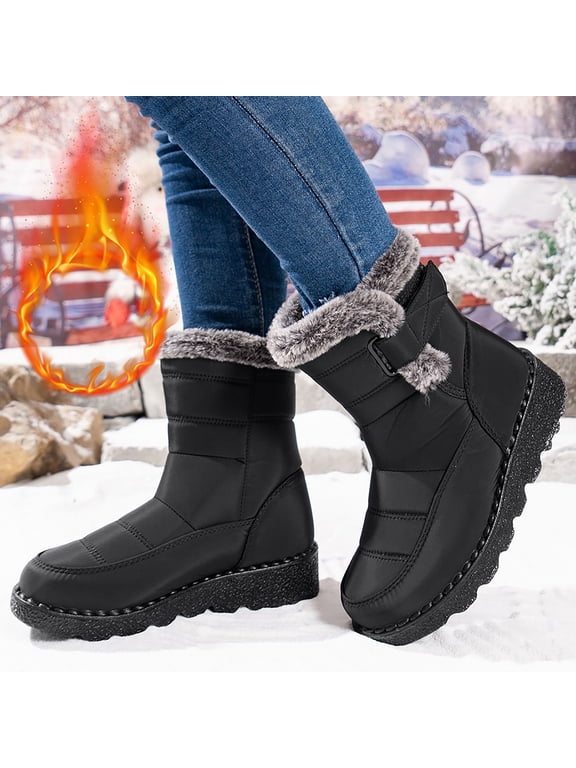 Womens Snow Booties, Fleece Lined Slip On Non-Slip Round Toe Winter Booties Black Size 7
