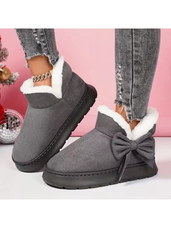 Womens Snow Booties, Slip On Non-Slip Fleece Lined Warm Winter Booties Gray Size 9