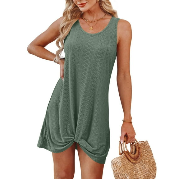 Fnooota Womens Summer Dresses with Pleated, Beach Crew Neck Sleeveless Casual Dresses Green Size XL