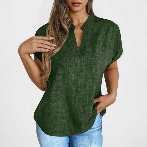 Fnooota Womens Summer T Shirts, V Neck Casual Short Sleeve Loose Women's Tops Army Green Size L