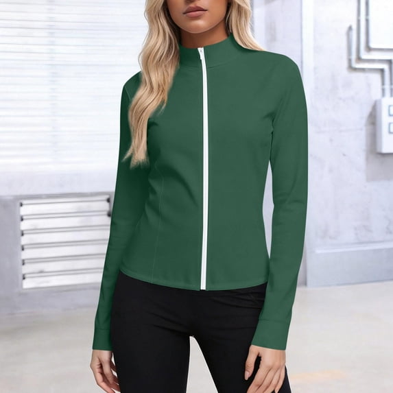Fnooota Womens Sun Protection Shirts, Long Sleeve Zip up Lightweight Athletic Hiking Rash Guard Shirts Green Size 2XL