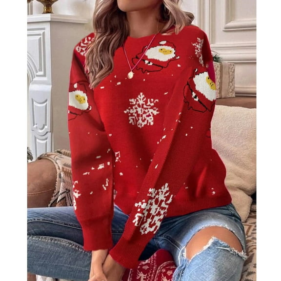 DAETIROS Womens Sweaters, Christmas Long Sleeve Casual Crew Neck Pullover Tops Red Size M