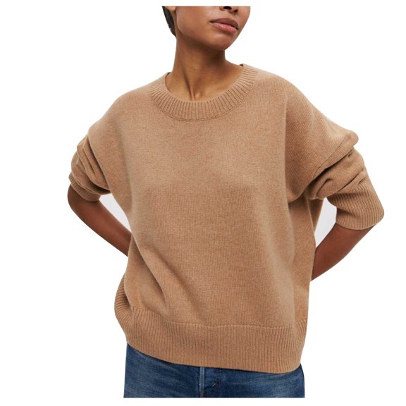 Fnooota Womens Sweaters, Crew Neck Casual Lightweight Long Sleeve Pullover Tops Beige Size S