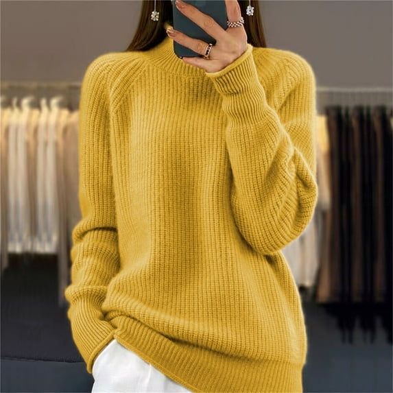 Fnooota Womens Sweaters, High Neck Lightweight Long Sleeve Knit Pullover Tops Yellow Size L