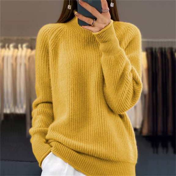 Fnooota Womens Sweaters, High Neck Long Sleeve Lightweight Knit Pullover Tops Yellow Size S