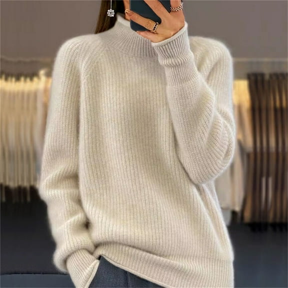 Fnooota Womens Sweaters, Knit High Neck Lightweight Long Sleeve Pullover Tops Beige Size S