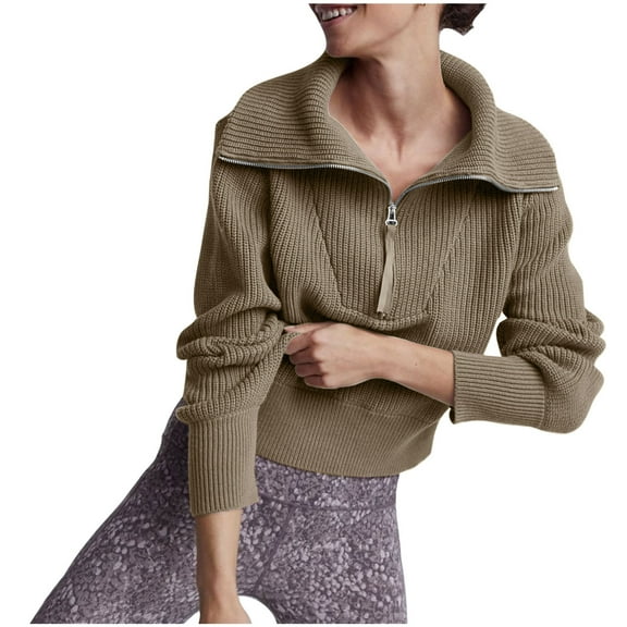 Fnooota Womens Sweaters, Lightweight V Neck Zipper Long Sleeve Pullover Tops Khaki Size L