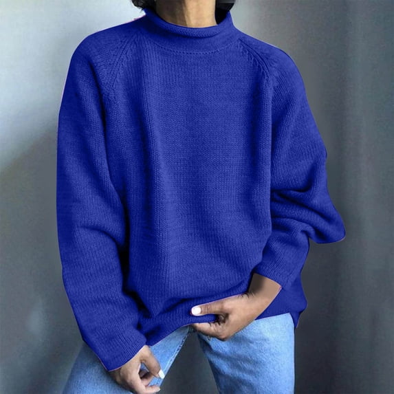 Fnooota Womens Sweaters, Long Sleeve Plus Size Crew Neck Lightweight Pullover Tops Dark Blue Size M
