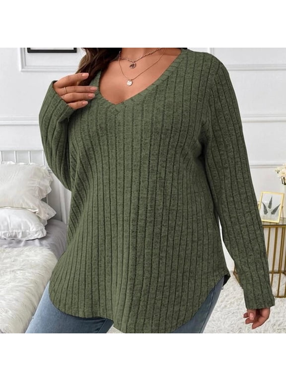 Womens Sweaters, Long Sleeve V Neck Lightweight Plus Size Pullover Tops Army Green Size 2XL