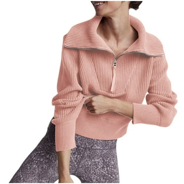 Fnooota Womens Sweaters, Zipper Lightweight V Neck Long Sleeve Pullover Tops Pink Size S