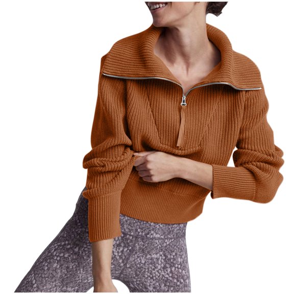 Fnooota Womens Sweaters, Zipper Long Sleeve Lightweight V Neck Pullover Tops Brown Size L