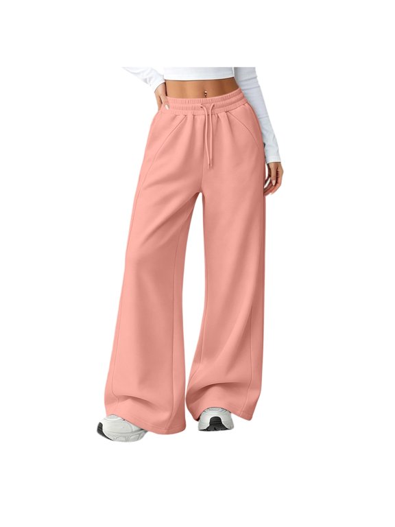 Womens Sweatpants with Pockets, Relaxed Fit Running Casual Elastic Waist Wide-leg Pants Pink Size 2XL