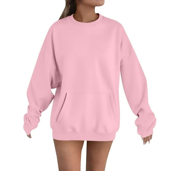 Fnooota Womens Sweatshirts with Pockets, Drop Shoulder Crewneck Casual Loose Fit Long Sleeve Tops Pink Size 2XL