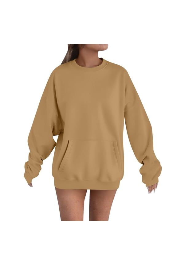 Womens Sweatshirts with Pockets, Drop Shoulder Loose Fit Casual Crewneck Long Sleeve Tops Khaki Size 2XL