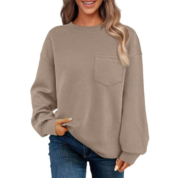 Fnooota Womens Sweatshirts with Pockets, Solid Color Casual Pullover Crewneck Fall Tops Khaki Size S-3XL