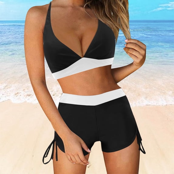 Fnooota Womens Swimsuit Sets, V-Neck Sexy 2 Piece Bathing Suits Swim Tops with Boyshorts White Size M