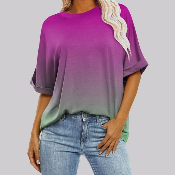 Fnooota Womens T Shirts, Crew Neck Gradient Print Casual Short Sleeve Summer Tops Pink Size M