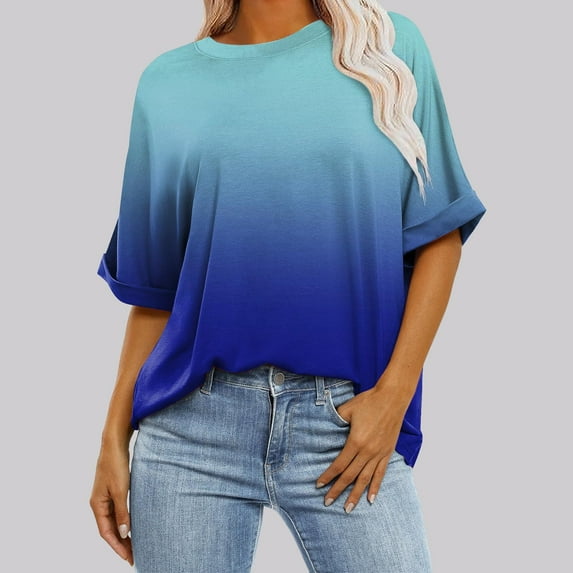Fnooota Womens T Shirts, Gradient Print Casual Short Sleeve Crew Neck Summer Tops Blue Size M