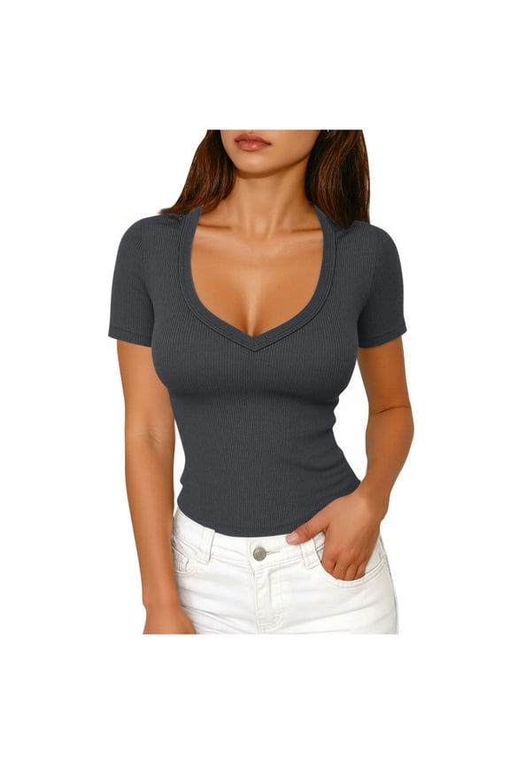 Womens T-Shirts V Neck, Ribbed Basic Slim Fit Short Sleeve Summer Tops Tees Gray Size S-2XL