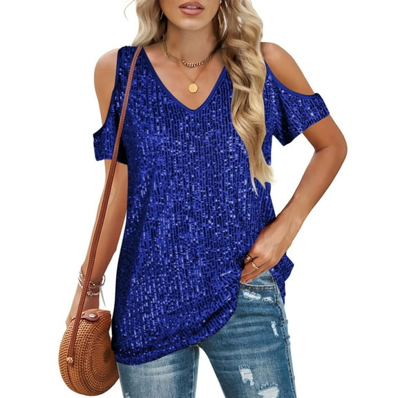 Fnooota Womens T-Shirts, V Neck Short Sleeve Off-the-Shoulder Fashion Summer Tops Blue Size 2XL