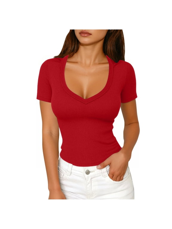 Womens T-Shirts V Neck, Slim Fit Ribbed Basic Short Sleeve Summer Tops Tees Red Size L