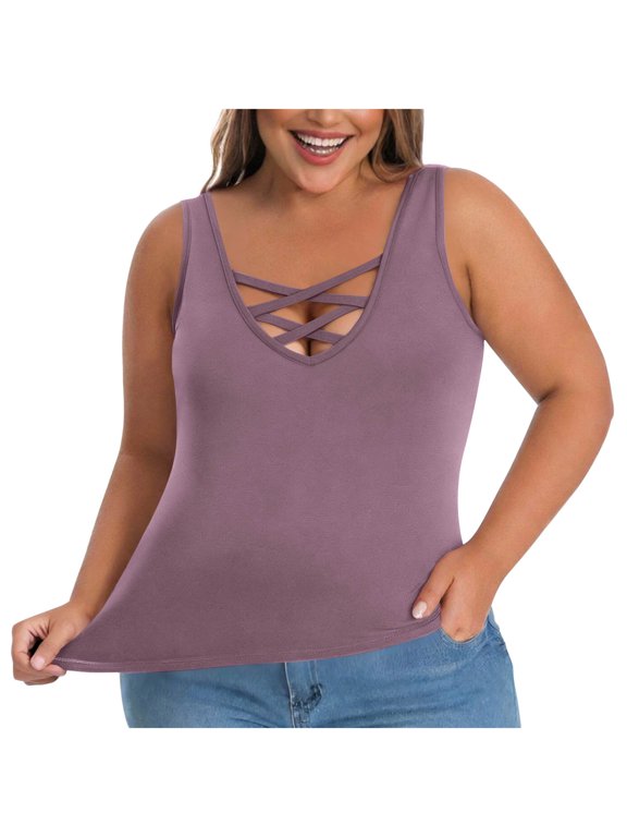Womens Tank Tops with Built in Bra 2026, Summer Casual Plus Size Slim Fit Padded Camisole Purple Size 5XL