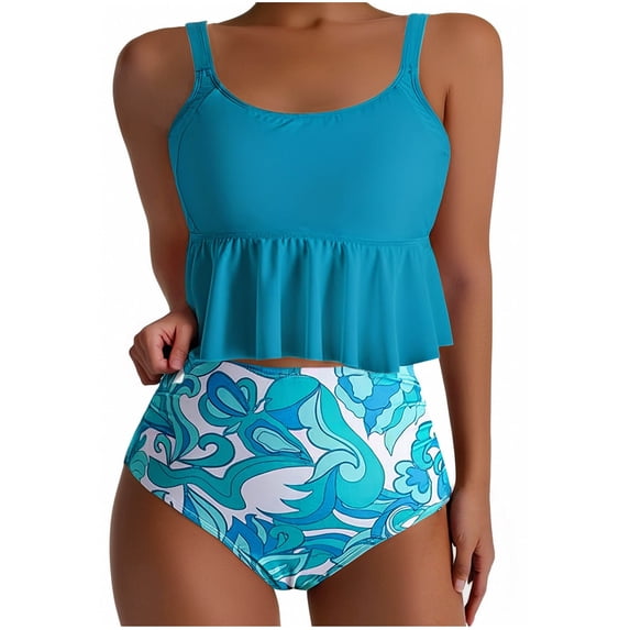 Fnooota Womens Tankini Swimsuits, Summer Two Piece High Waisted Athletic Bathing Suits Blue Size S