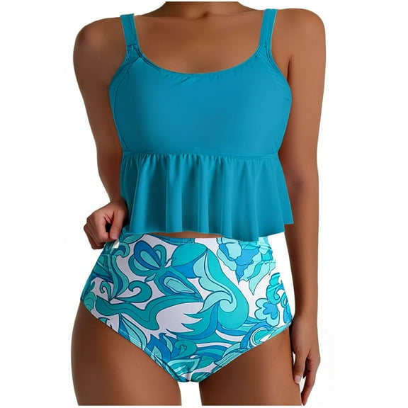 Fnooota Womens Tankini Swimsuits, Two Piece High Waisted Summer Athletic Bathing Suits Blue Size XL