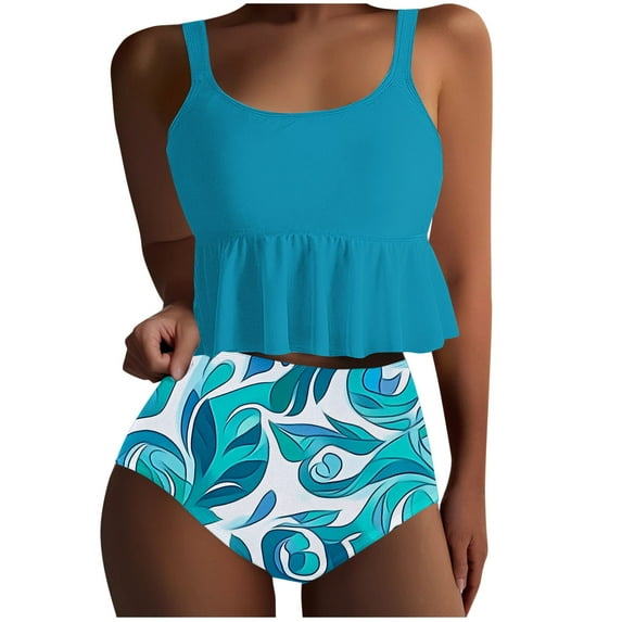 Fnooota Womens Tankini Swimsuits Two Piece, Summer High Waisted Holiday Swimsuit Tops with Bottoms Light Blue Size M