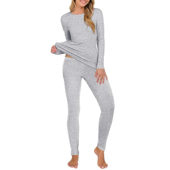 Fnooota Womens Thermal Pajama Sets, Long Sleeve Crew Neck Slim Fit Soft Sleepwear Sets Gray Size M