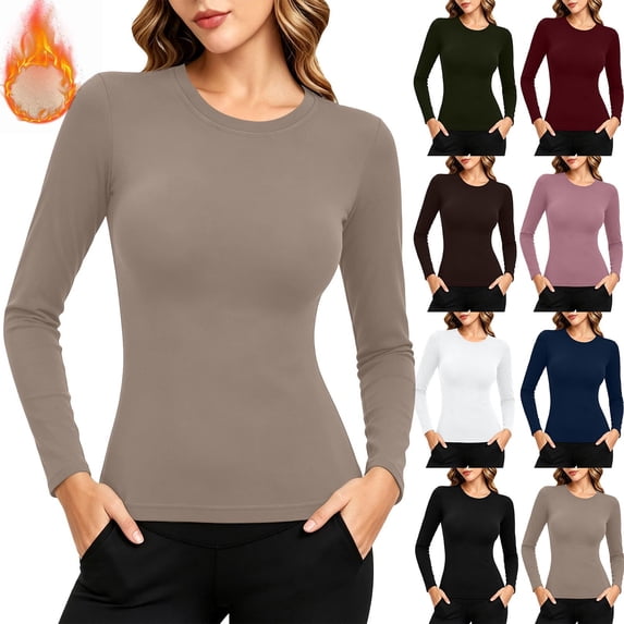 Fnooota Womens Thermal Tops, Crew Neck Base Layer Slim Fit Long Sleeve Layering Undershirts Khaki Size S-2XL