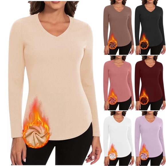 Fnooota Womens Thermal Tops, Fall Winter Warm Long Sleeve V Neck Fall Winter Underwear Black Size L