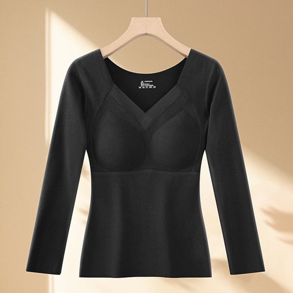 Fnooota Womens Thermal Tops, Long Sleeve V Neck Warm Fall Winter Tops with Built Black Size 2XL