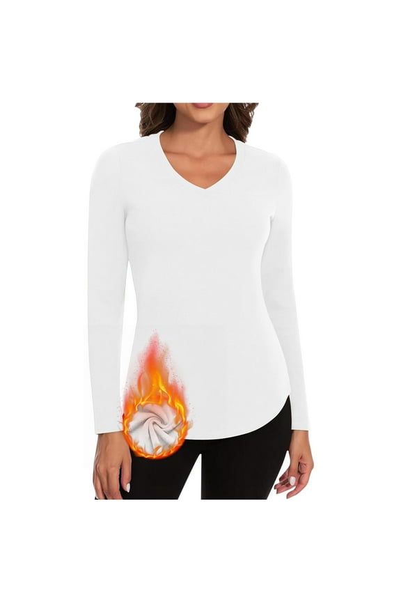 Womens Thermal Tops, Long Sleeve Warm V Neck Fall Winter Fall Winter Underwear White Size L