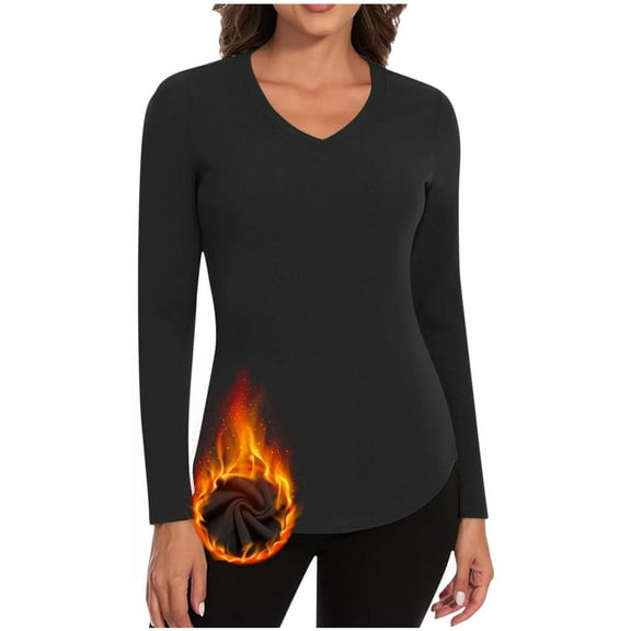 Fnooota Womens Thermal Tops, Warm Fall Winter V Neck Long Sleeve Fall Winter Underwear Black Size M