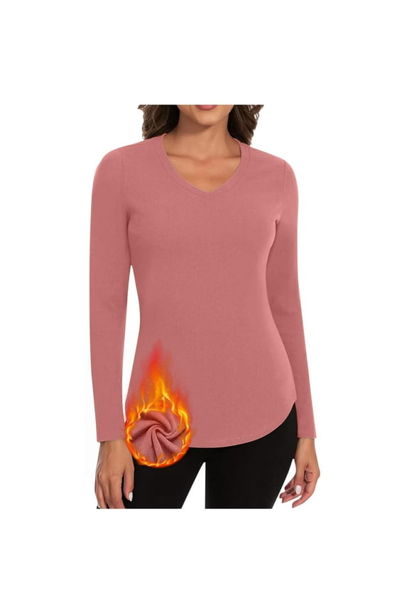 Womens Thermal Tops, Warm Fall Winter V Neck Long Sleeve Fall Winter Underwear Pink Size L