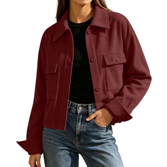 Mooqilaa Womens Trucker Jackets, Fashion Collared Corduroy Button Front Outerwear for Women Wine Size XL
