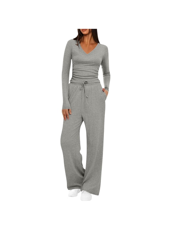 Womens Two Piece Sets, Long Sleeve Casual V Neck Tops and Pants Sets Gray Size XL