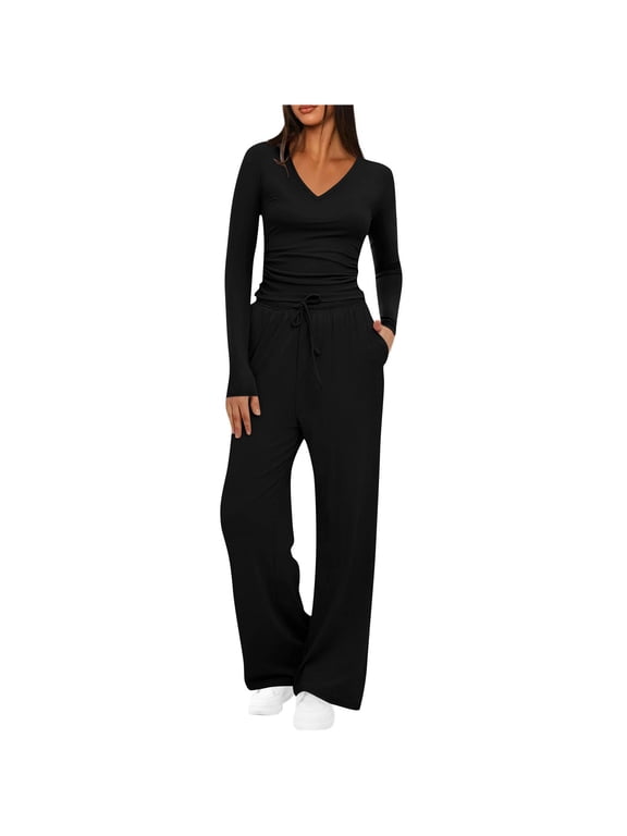 Womens Two Piece Sets, Long Sleeve V Neck Casual Tops and Pants Sets Black Size M