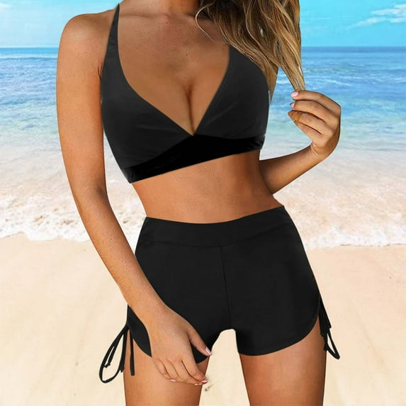 Fnooota Womens Two Piece Swimsuits, High Waisted Stretch Bathing Suits Swim Tops with Boyshorts Black Size L