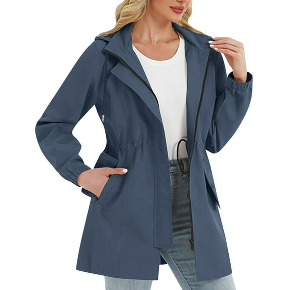 Fnooota Womens Waterproof Jackets, Windproof Hooded Full Zip Outdoor Athletic Jackets Navy Size S-2XL
