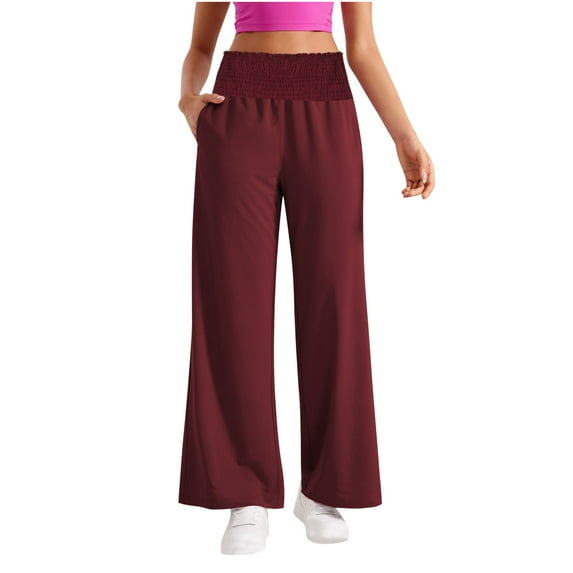 Fnooota Womens Wide Leg Pants, Athletic Elastic Waist Workout Casual Pants with Pokets Wine Size L