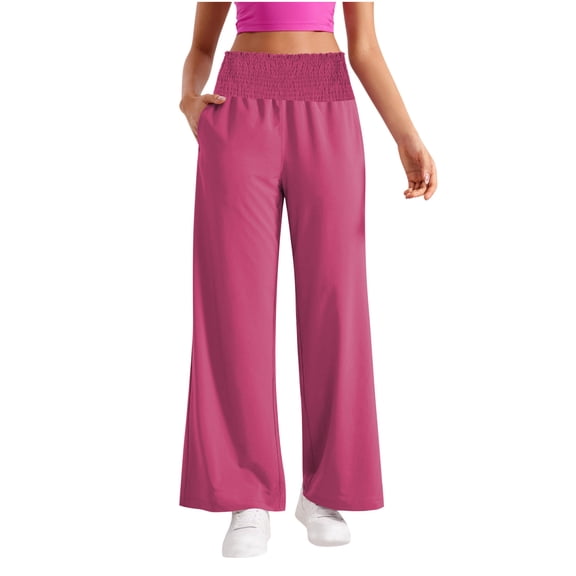 Fnooota Womens Wide Leg Pants, Casual Athletic Elastic Waist Workout Pants with Pokets Hot Pink Size 2XL