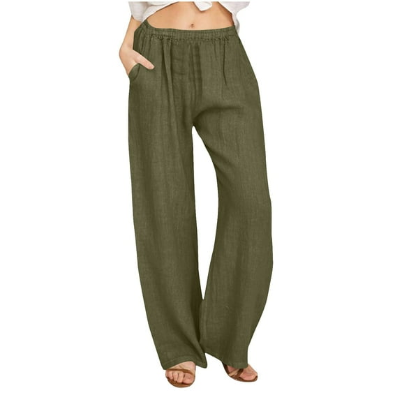 Fnooota Womens Wide Leg Pants, Casual Elastic Waist 2025 Loose Fit Cotton Linen Pants Army Green Size 3XL